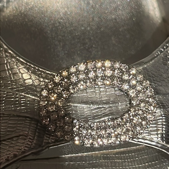 Aldo Silver High Heels Leather Open Toe Stilettos W/ Rhinestones Women's Sz 8 - Picture 4 of 9